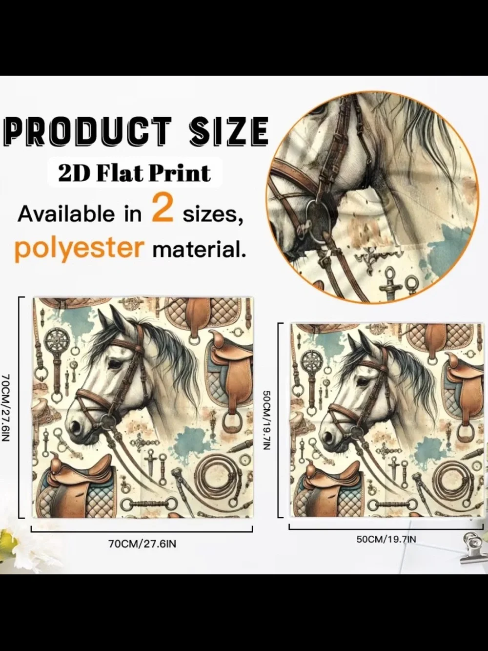 Equestrian Horse Print Silk-Feel Scarf - Cream & Teal